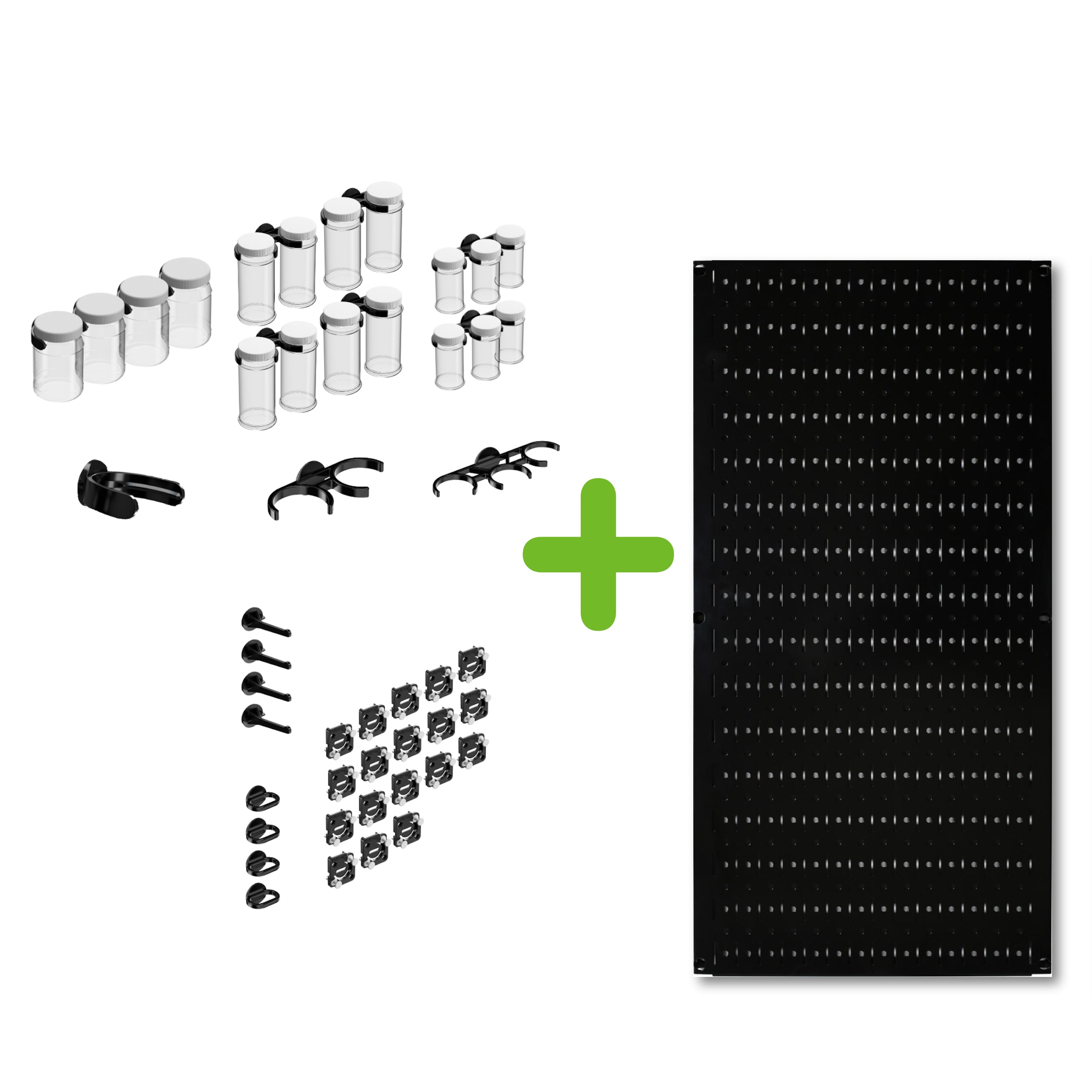 Pegboard + Starter Kit - black metal pegboard, pegboard containers, hooks, tool holders (Copy)