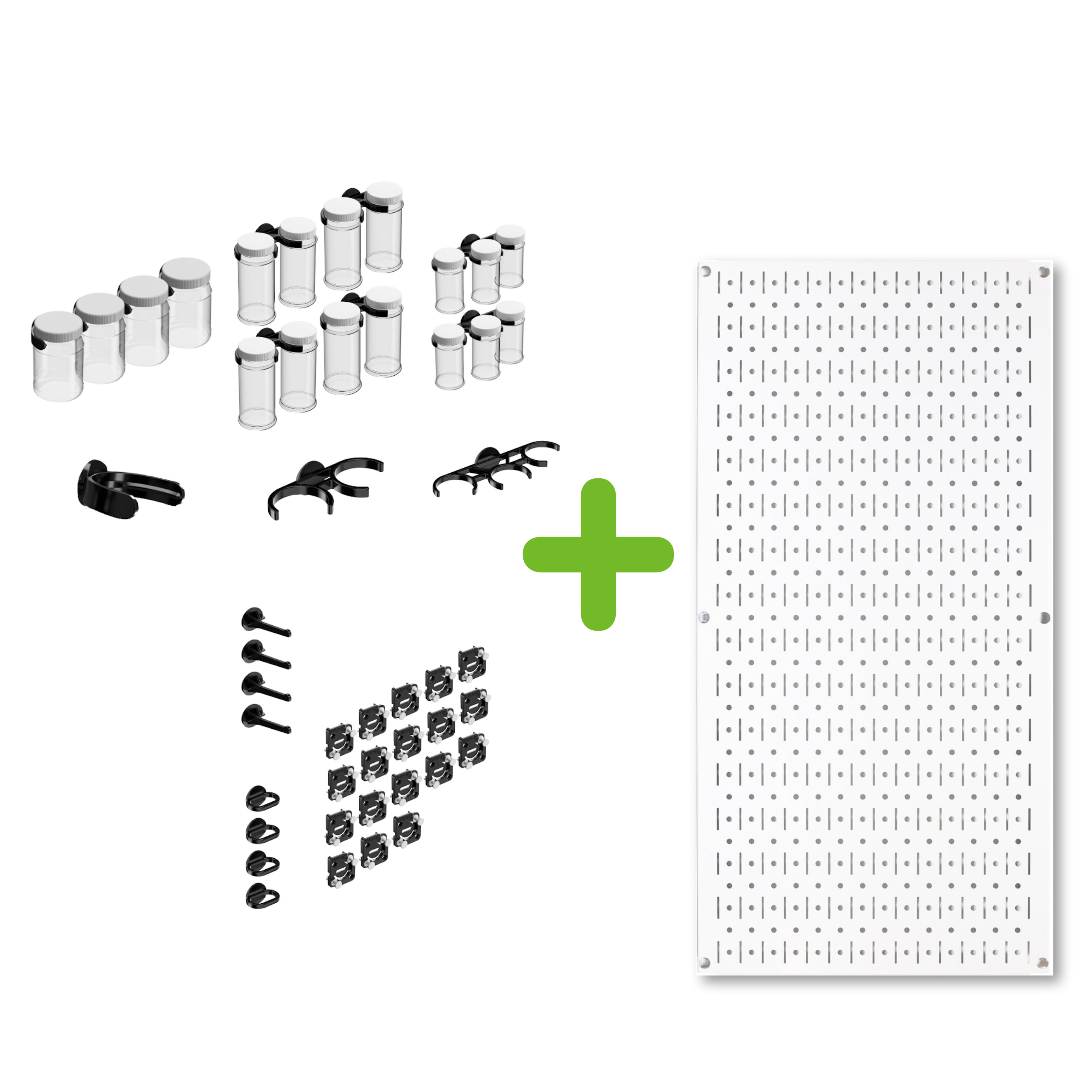 Pegboard + Starter Kit - white metal pegboard, pegboard containers, hooks, tool holders