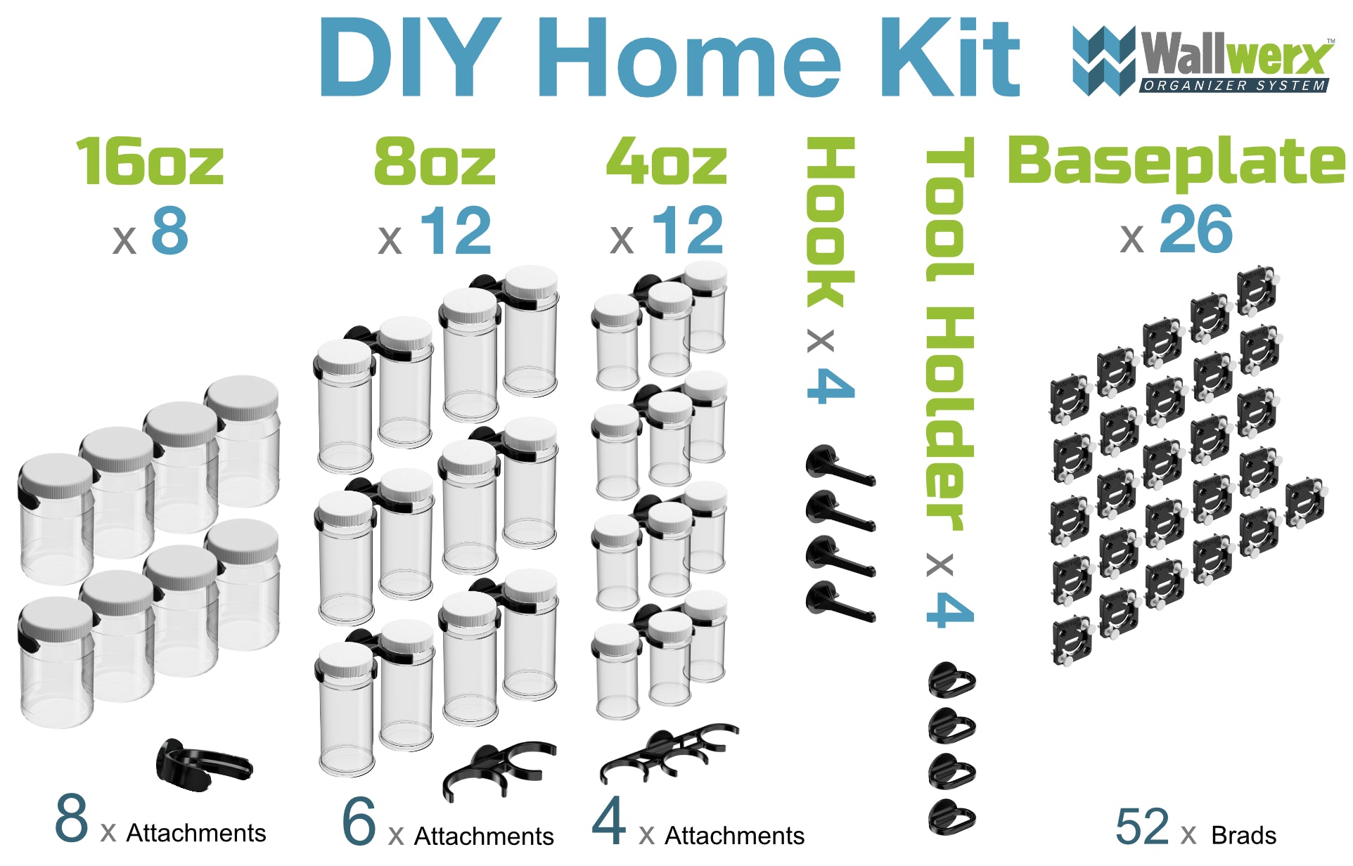 Wallwerx DIY Home Kit - Wall mounted jars, hooks, tool holders