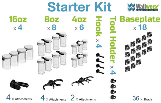 Wallwerx Starter Kit - Wall mounted jars, hooks, tool holders