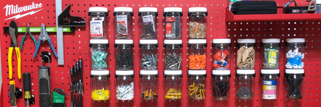 Garage wall storage container system for toos and small items on Milwaudee pegboard using Wallwerx system